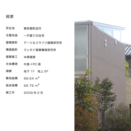 
	  所在地　東京都町田市、
	  主要用途　一戸建ての住宅、
	  建築設計　アーツ＆クラフツ建築研究所、
	  構造設計　クレモナ建築構造研究所、
	  建築施工　本間建設、
	  主体構造　木造＋ＲＣ造、
	  規模　地下１F、地上２F、
	  敷地面積　88.54�u
	  延床面積　92.75�u
	  竣工年　2009年2月